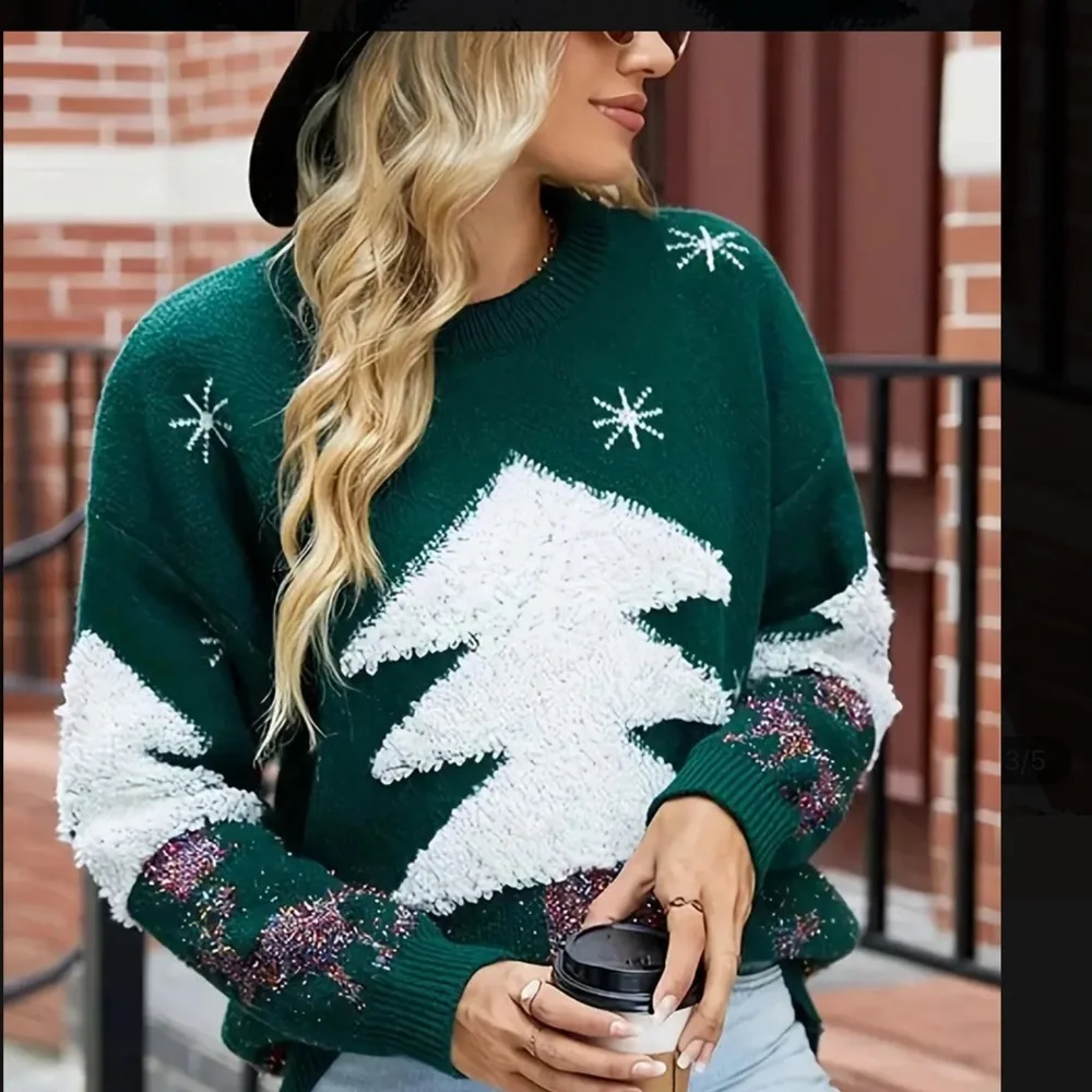 Christmas Tree Reindeer Sweater Green Sparkling Winter Scene Holiday Knit_5